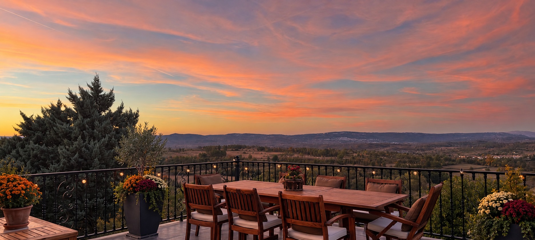 The deck at dusk, with sunset colours over the valley