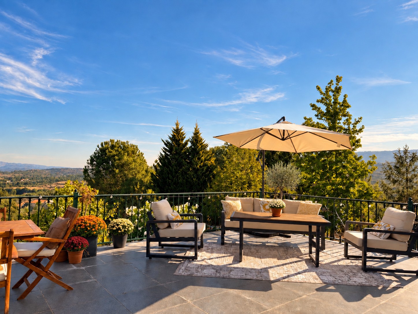 Terrace seating overlooking the surrounding countryside